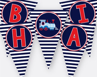 Train Happy Birthday Banner, Printable Train Banner, Train Birthday Party Decorations, Train Pennant, Train Party Banner, Navy and Red