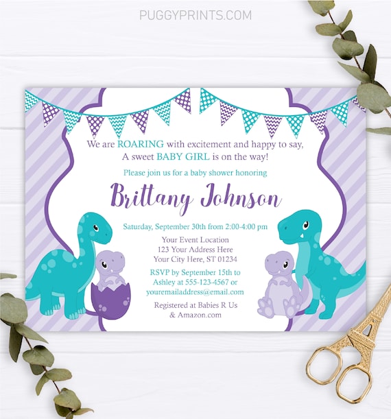 Dinosaur Baby Shower Invitation for Girl, Dinosaur Invitation, Dinosaur
