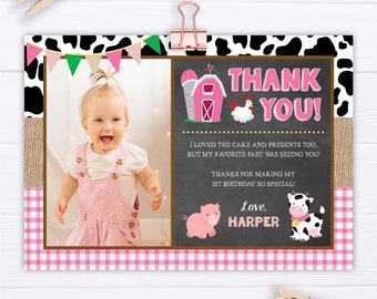 Farm Birthday Thank You Card with Photo, Editable Farm Thank You Cards Template, Printable Girl Barnyard Birthday Party Thank You Notes,