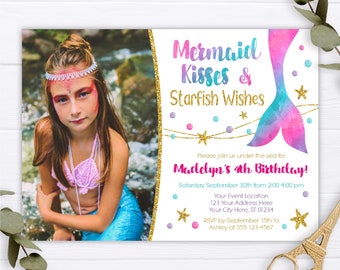 Mermaid Birthday Invitation with Photo, Editable Mermaid Invitation, Mermaid Party, Watercolor Mermaid Tail, Gold Glitter, Under the Sea