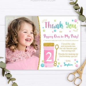 Bubble Birthday Thank You Card, Editable Bubble Thank You Card Template with Photo, Bubble Party Thank You Notes, Pink and Gold Popping Over image 1