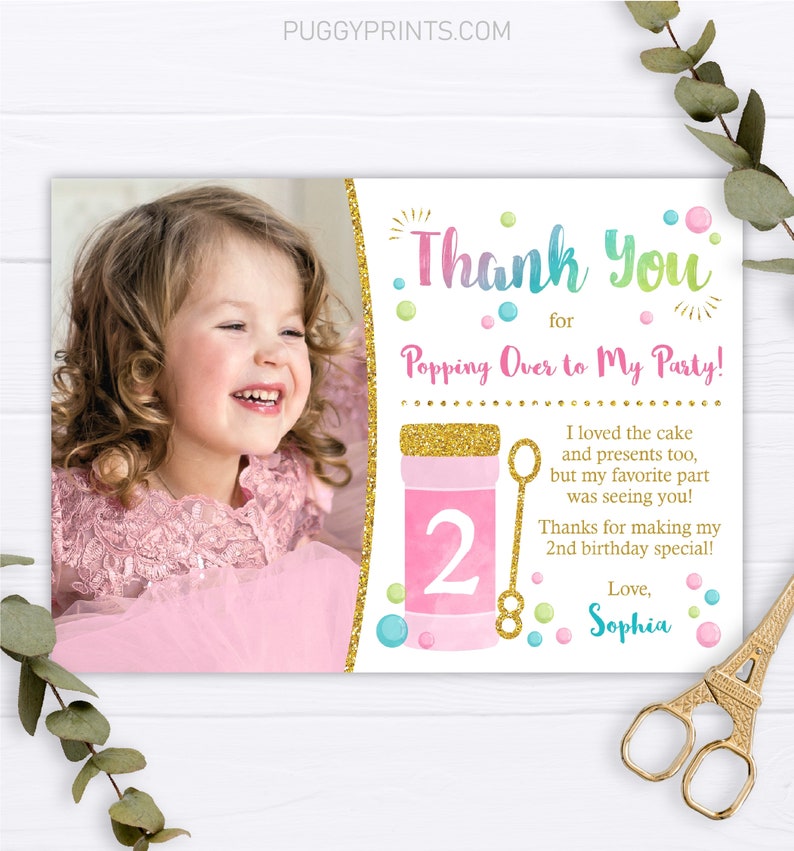 Bubble Birthday Thank You Card, Editable Bubble Thank You Card Template with Photo, Bubble Party Thank You Notes, Pink and Gold Popping Over image 1