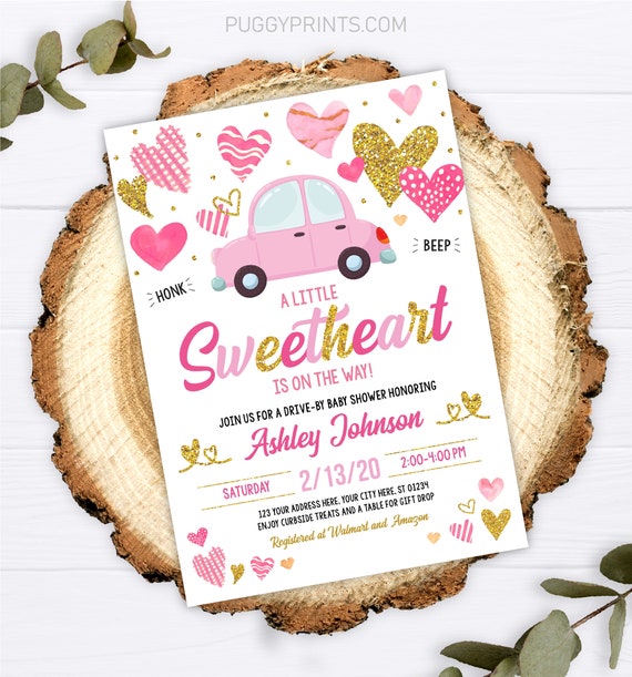 Editable Drive By Sweetheart Baby Shower Invitation, Valentine Heart Drive Thru Baby Shower, Pink and Gold Girl Valentines Day Baby Shower Il_570xn