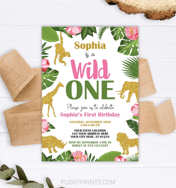 Wild One Birthday Girl Invitation, Safari Invitation, Jungle First Birthday Invite, Wild Invitation, Jungle Animals, Safari Gold Invitation Il_570xn