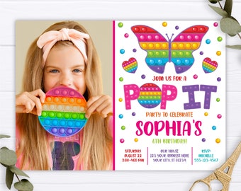 Pop It Birthday Invitation, Editable Butterfly Pop It Invitation Template, Printable Rainbow Fidget Toy Party Invitation, Pop Popper Invite