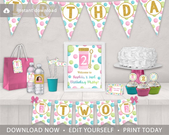 Bubble Birthday Party Decorations Bundle Editable Template Online