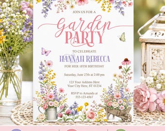 Garden Party Birthday Invitation, Wildflower Birthday Invite, Floral Birthday Invitation, Editable & Printed