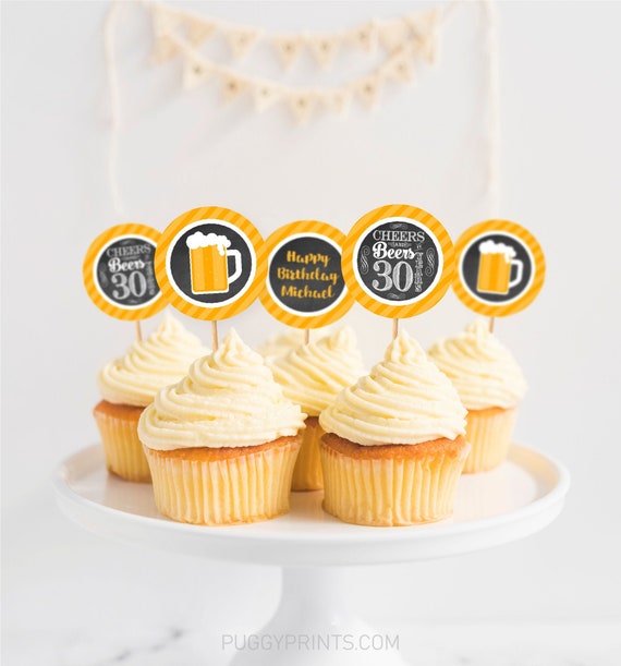 Cheers and Beers to 30 Years Birthday Cupcake Toppers, Editable Cheers and Beers Cupcake Toppers, Printable 30th Birthday Party Decorations Il_570xn