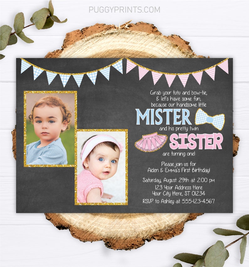 Twins Birthday Invitation Tutus and Ties Invitation Boy