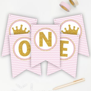 Princess First Birthday High Chair Banner, Printable Princess High Chair Banner, Pink and Gold 1st Birthday Banner, ONE and 1 Banners image 3