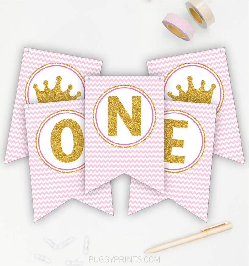 Princess First Birthday High Chair Banner, Printable Princess High Chair Banner, Pink and Gold 1st Birthday Banner, ONE and 1 Banners image 3