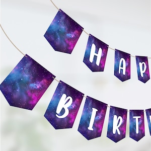 Galaxy Happy Birthday Banner, Printable Galaxy Banner, Galaxy Party Decorations, Teen Girl Outer Space Party Decor, Instant Download