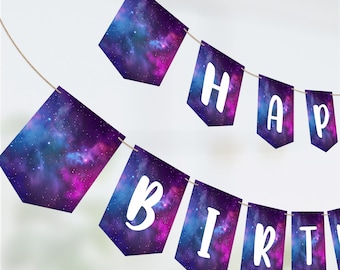 Galaxy Happy Birthday Banner, Printable Galaxy Banner, Galaxy Party Decorations, Teen Girl Outer Space Party Decor, Instant Download