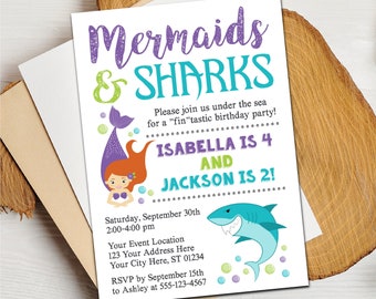 Sharks and Mermaids Birthday Invitation, Editable Mermaid and Sharks Invitation Template, Joint Birthday, Siblings, Boy and Girl Birthday