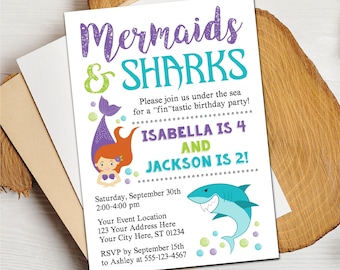 May include: A birthday party invitation for a mermaid and shark themed party. The invitation features a mermaid with red hair and a blue tail, and a blue shark with white teeth. The text on the invitation reads "Mermaids & Sharks", "Please join us under the sea for a "fin"tastic birthday party!", "Isabella is 4 and Jackson is 2!", "Saturday, September 30th 2:00-4:00 pm", "Your Event Location 123 Your Address Here Your City Here, ST 01234", "RSVP by September 15th to Ashley at 555-123-4567".
