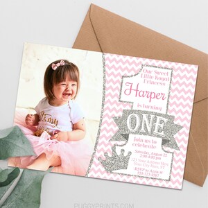 Princess First Birthday Invitation, Editable Princess Invitation Template, Printable Princess 1st Birthday Party Invite, Pink and Silver image 2