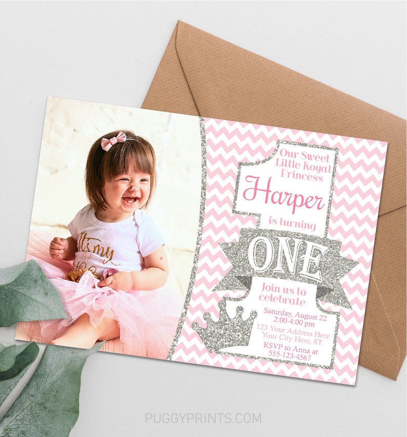 Princess First Birthday Invitation, Editable Princess Invitation Template, Printable Princess 1st Birthday Party Invite, Pink and Silver image 2