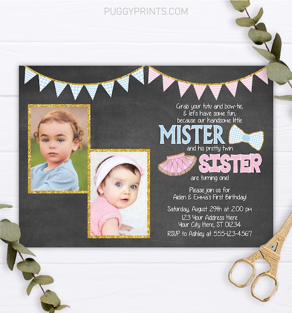 Twins Birthday Invitation, Tutus and Ties Invitation, Boy and Girl Twin