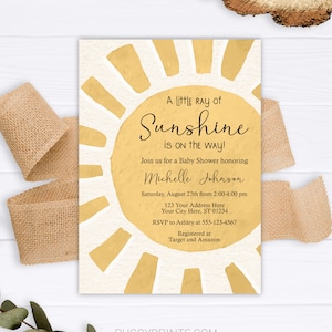 Sunshine Baby Shower Invitation, Editable Sunshine Invitation, Printable A Little Ray of Sunshine Invitations, Neutral Boho Sunshine Invite