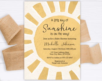 Sunshine Baby Shower Invitation, Editable Sunshine Invitation, Printable A Little Ray of Sunshine Invitations, Neutral Boho Sunshine Invite