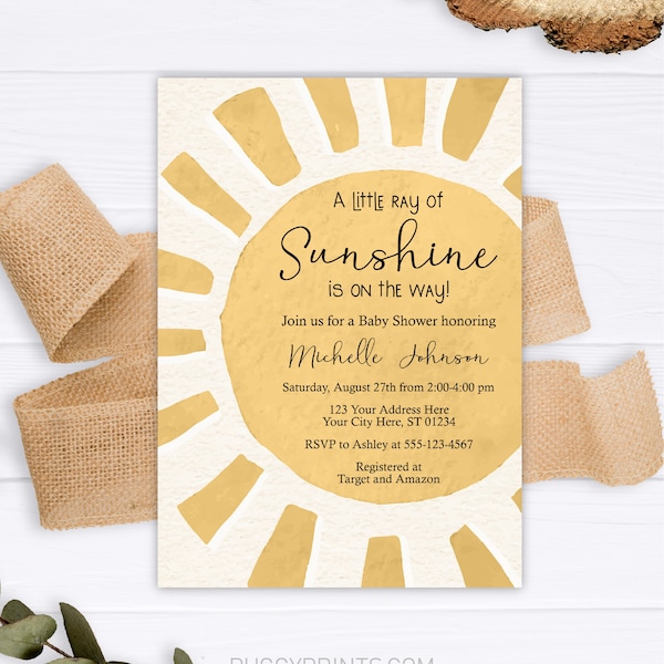 Sunshine Baby Shower Invitation, Editable Sunshine Invitation, Printable A Little Ray of Sunshine Invitations, Neutral Boho Sunshine Invite