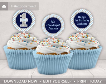 Mr. ONEderful Birthday Cupcake Toppers | Editable Template Online | Instant Download