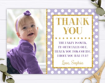 Purple and Gold Birthday Thank You Card, Editable First Birthday Thank You Card Template, Printable Polka Dot Thank You Notes, Digital File