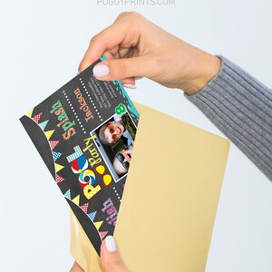May include: A colorful chalkboard style invitation for a pool party. The invitation features a photo of two children wearing sunglasses and a beach ball. The text on the invitation reads "Pool Party Splash" and includes the child's name, age, date, time, and location.