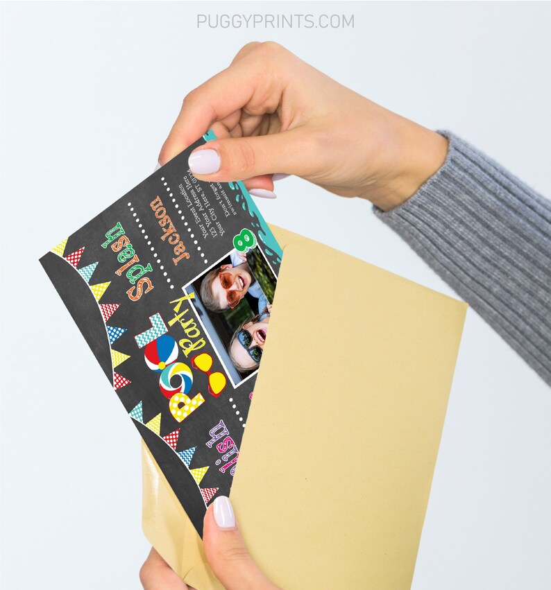 May include: A colorful chalkboard style invitation for a pool party. The invitation features a photo of two children wearing sunglasses and a beach ball. The text on the invitation reads "Pool Party Splash" and includes the child's name, age, date, time, and location.