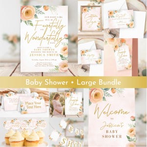 Peut inclure: Ensemble de papeterie pour une baby shower avec des motifs floraux. L'invitation présente un texte doré : « Notre petite fille sera merveilleusement faite ». L'ensemble comprend une enseigne personnalisée, une carte RSVP et des étiquettes de remerciement.