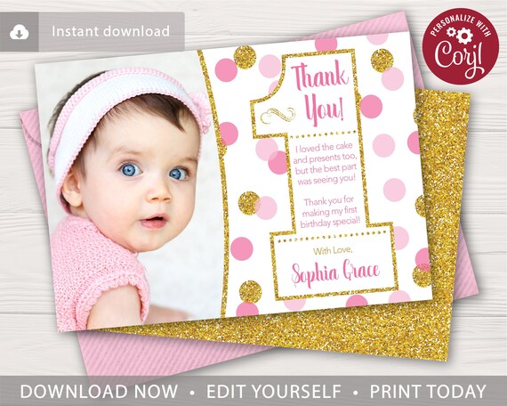 Pink and Gold Confetti 1st Birthday Thank You Card with Photo | Editable Template Online | Instant Download Il_570xn