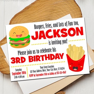 Burger and Fries Birthday Invitation, Editable Hamburger and French Fries, Fast Food Invites, Junk Food, Cheeseburger Birthday, Kids Burger