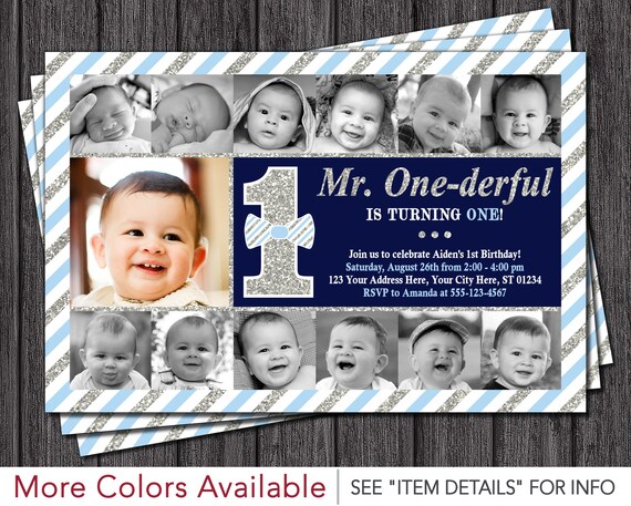 Mr. ONEderful Birthday Invitation | Mr ONE-derful First Birthday Invitations | Newborn to 12 months, Navy, Light Blue and Silver Il_570xn