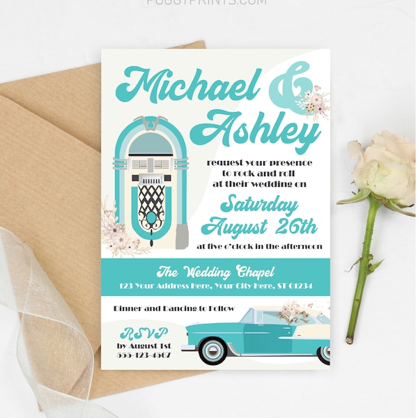 Sock Hop Wedding Invitation, Editable 1950s Wedding Invitation Template, Printable Vintage Wedding Invitations, Jukebox Wedding Invite