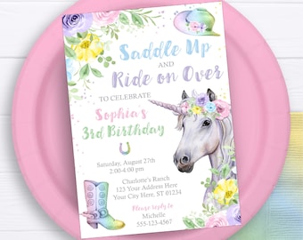 May include: A colorful invitation for a 3rd birthday party with a unicorn and a cowboy boot. The invitation says "Saddle Up and Ride on Over to Celebrate Sophia's 3rd Birthday".