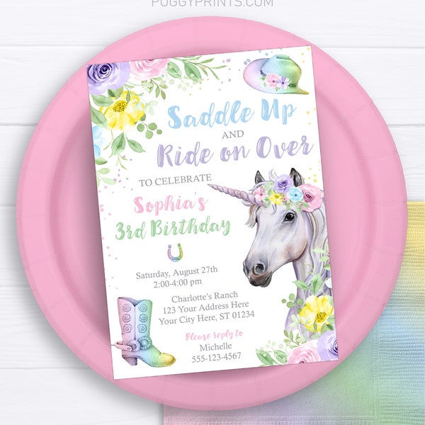 Unicorn Horse Birthday Invitation, Editable Horse Invitation Template, Printable Unicorn Horse Birthday Party Invitations, Pastel Rainbow