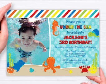 Invitación de cumpleaños bajo el mar con foto, plantilla de invitación editable bajo el mar, invitaciones de criaturas marinas imprimibles, invitación de verano
