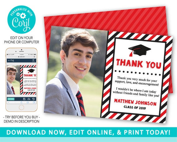 Graduation Thank You Card with Photo in Red and Black | Editable Template Online | Instant Download Il_570xn