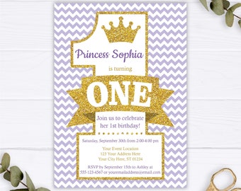 Princess First Birthday Invitation, Purple and Gold 1st Birthday Invites, Girl Birthday Party, Princess Invitation, Princess Party, Editable