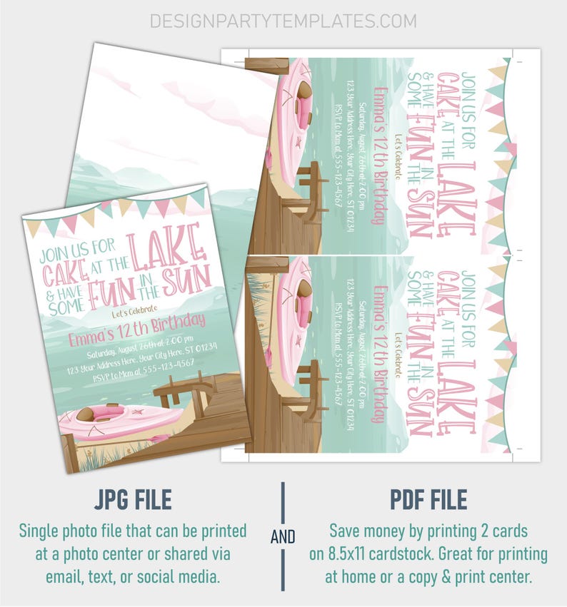 Lake Birthday Invitation: Editable Summer Camp, Kayak Party (5x7 ...