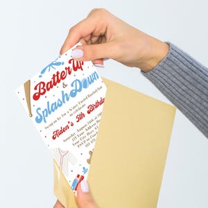 May include: A baseball-themed party invitation with a red and blue design. The invitation says "Batter Up & Splash Down" and includes details for Aiden's 5th birthday party.
