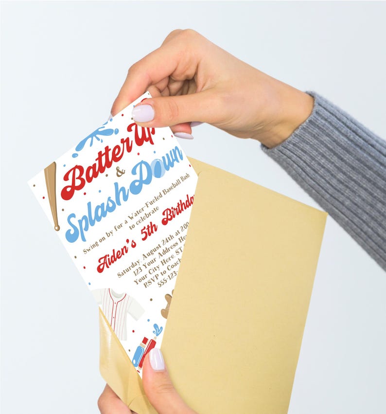 May include: A baseball-themed party invitation with a red and blue design. The invitation says "Batter Up & Splash Down" and includes details for Aiden's 5th birthday party.