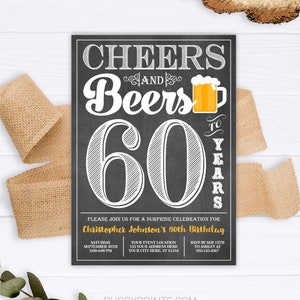 Cheers and Beers Invitation, Cheers and Beers to 60 Years, Beer Invite, 60th Birthday, Instant Download, Surprise Birthday, Adult Invitation