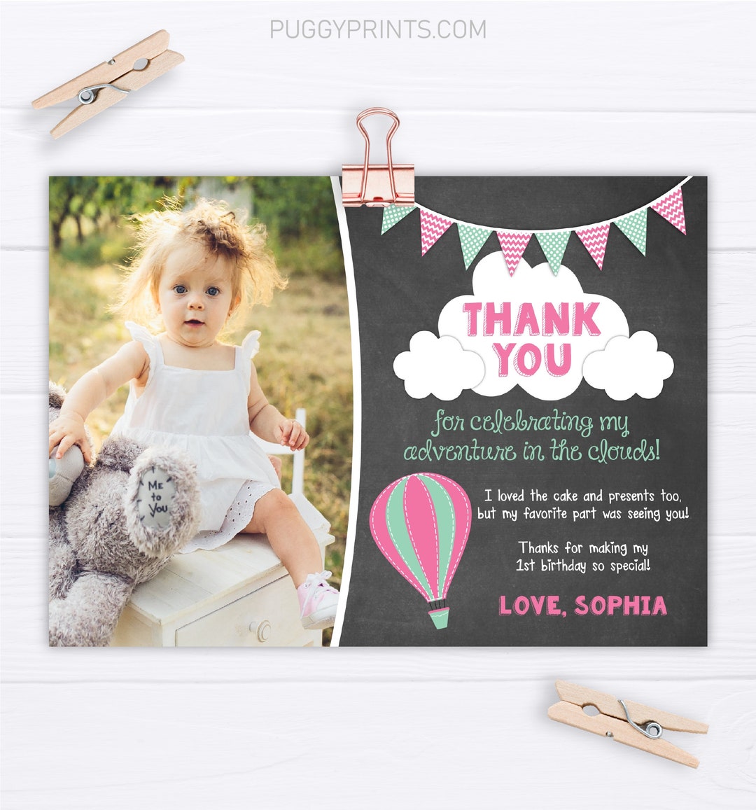 Hot Air Balloon Birthday Thank You Card With Photo, Editable Hot Air