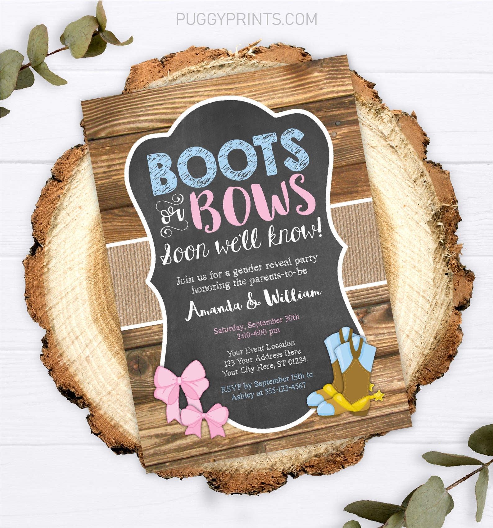 Boots or Bows Gender Reveal Invitation Editable Template - Etsy