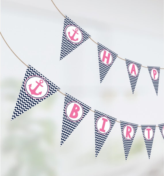 Nautical Happy Birthday Banner, Printable Nautical Banner, Girl Nautical  Birthday Party Decorations, Pink Anchor Party Decor, PDF File 