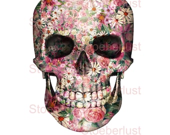 Skull roses colorful Rub on Sticker or water slide decal waterproof vintage motif, furniture tattoo, various sizes