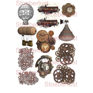 May include: Digital steampunk-themed graphics featuring airships, clocks, gears, and a hot air balloon. The colour palette includes shades of brown, copper, and grey, with intricate mechanical details.