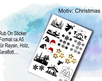 Rub-Ons / Rub-On Sticker weihnachtliche Motive  Häuser Sterne Wald A5,  Transfer-Sticker für z.B. Glas, Gips, Raysin, Keraflott, Holz,  DIY