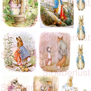 May include: A series of illustrations in a storybook style, depicting anthropomorphic animals. The images include a rabbit in a blue jacket, a mouse in a window, and a fox interacting with a duck.